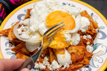 Mexican red chilaquiles with fried egg on dark background