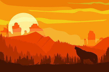Fototapeta premium Sunrise over the mountains cartoon mountain landscape canyon forest