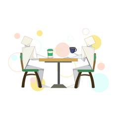 Two origami persons are drinking coffee with a table, chairs and rounds on white isolated background, vector illustration for making prints, postcards and logos, concept of Love, Friends, Meeting.
