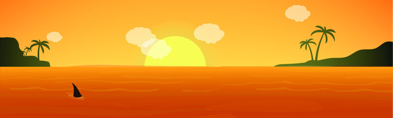 sunrise sea palm trees swimming shark