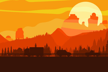 Highway against the backdrop of a mountain landscape. Forest, sunrise mountains fog