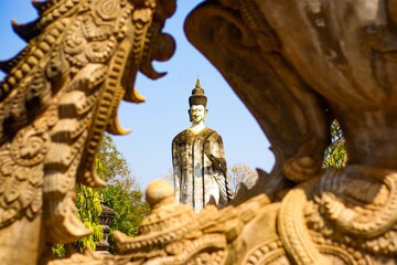 A beautiful view of statues in Buddha Park at Nong Khai, Thailand.
