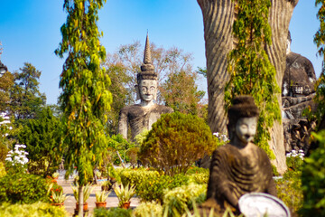 Obraz premium A beautiful view of statues in Buddha Park at Nong Khai, Thailand.