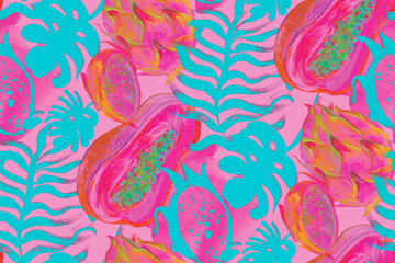 pattern with tropical branches and pitahaya and papaya in avant-garde colors on pink background
