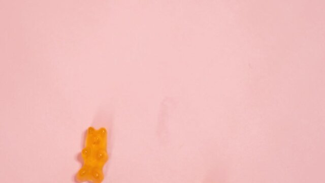 Colorful gummy bears on pink background. Stop motion jelly candies. Sweets industry 