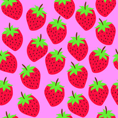 Seamless strawberry illustration. Modern strawberry seamless pattern. Big red round strawberries on pink. Fresh summer fruits. Big vibrant berries. Berry pattern design for textile, web banner, cards.