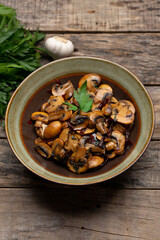 Mexican mushrooms with garlic and guajillo chili peppers also called 
