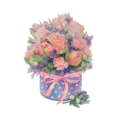 Watercolor bouquet of flowers isolated on white background. Gift box with beautiful flowers. Design element. 