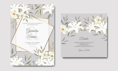Wedding invitation card template set with beautiful floral  leaves decoration Premium Vector