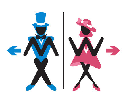 Toilet wc sign. Funny elegant lady and gentleman for bathroom door. Сouple hurry to lavatory. Сolored male and female symbol for washroom in retro style. Flat vector isolated on white background.