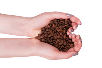 Female hands folded and coffee poured in them in the shape of a heart