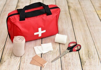 First aid supplies and emergency kit for disaster relief and helping during trauma incidents and...