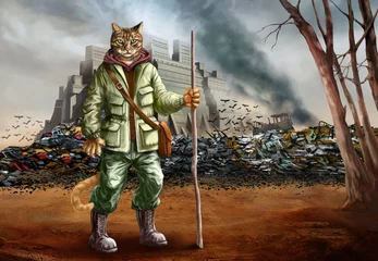 Poster Apocalyptic puss in boots and apocalyptic landscape with castle and junkyard illustration © Maxim B