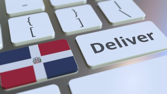 Deliver text and flag of the Dominican Republic on the computer keyboard. Logistics related 3D animation