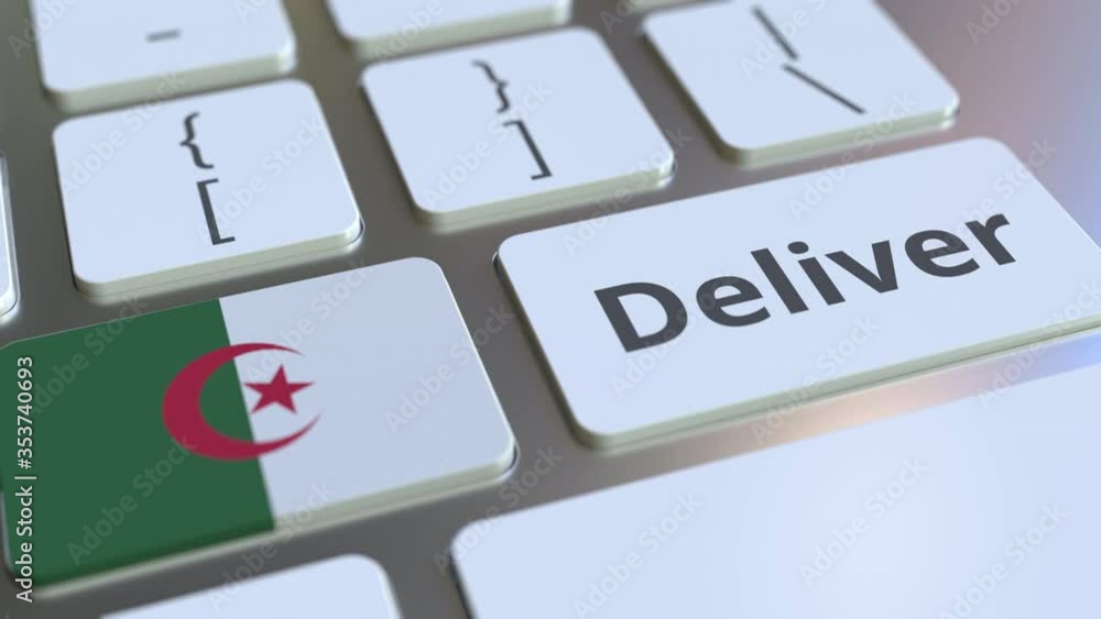 Poster deliver text and flag of algeria on the computer keyboard. logistics related 3d animation