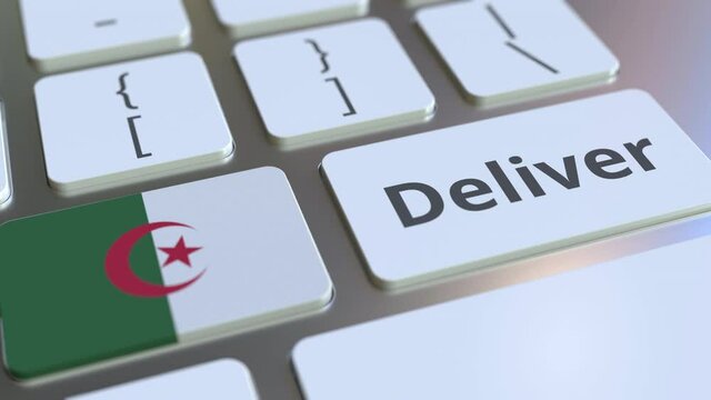 Deliver text and flag of Algeria on the computer keyboard. Logistics related 3D animation