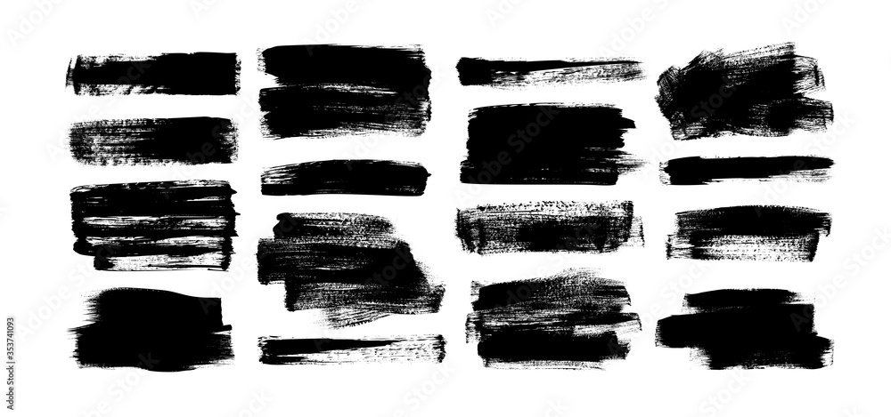 Poster vector black paint, rectangular ink brush stroke and shapes set. dirty grunge design element, box or