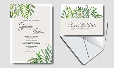Wedding invitation card template set with tropical leaves decoration Premium Vector