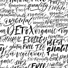 Seamless eco pattern. Lettering and calligraphy black brush strokes elements. Vector ornament for wrapping paper, wallpapers, web design etc.