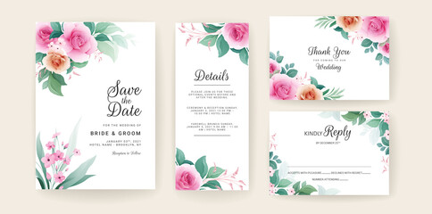 Set of wedding invitation template with peach and brown floral border. Flowers composition vector for save the date, greeting, thank you, rsvp, etc
