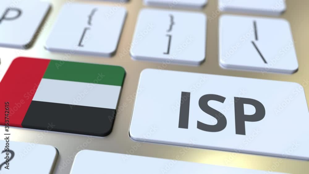 Poster isp or internet service provider text and flag of the united arab emirates on the computer keyboard.
