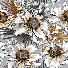 Seamless floral gold and gray pattern. White peony flowers, exotic fan palm, heliopsis and leaves. Vector illustration.
