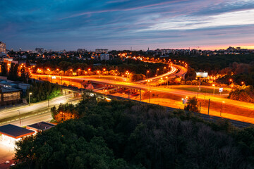 Fototapeta na wymiar Night Voronezh cityscape. Transport junction, aerial view