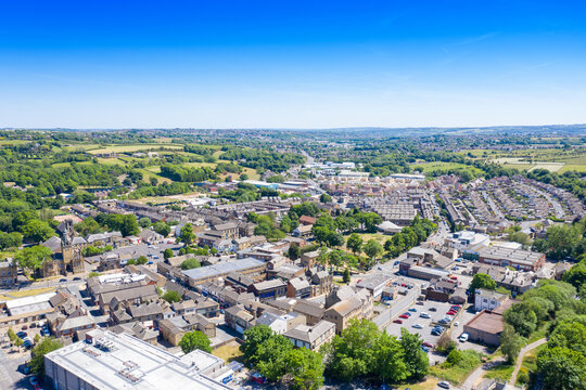 Aerial photo of the village of Cleckheaton in Yorkshire in the UK showing the main town centre in the British village
