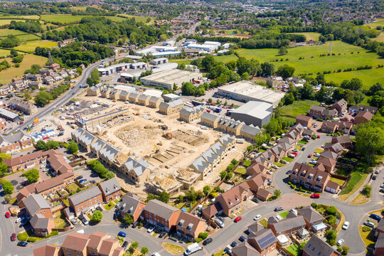 Aerial photo of the village of Cleckheaton in Yorkshire in the UK showing a brand new housing estate being made in the town centre