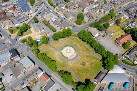 Aerial photo of the village of Cleckheaton in Yorkshire in the UK showing the main town centre in the British village