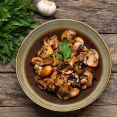 Mexican mushrooms with garlic and guajillo chili peppers also called 
