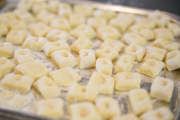 Fototapeta na wymiar raw Italian gnocchi in flour on a metal surface