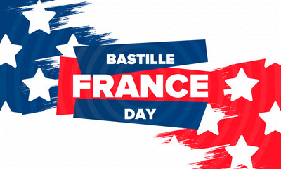 Bastille Day in France. National happy holiday, celebrated annual in July 14. French flag. France independence and freedom. Patriotic elements. Festive design. Vector poster illustration