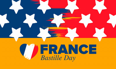 Bastille Day in France. National happy holiday, celebrated annual in July 14. French flag. France independence and freedom. Patriotic elements. Festive design. Vector poster illustration