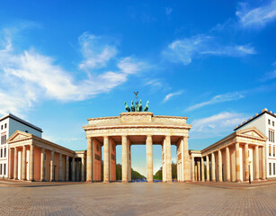 Brandenburg Gate in Berlin, Germany. Panoramic image, symmetrical front shot on a bright day with...