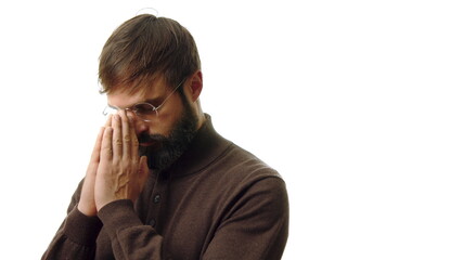 Successful and confident businessman wearing eye glasses and thinking about new business strategy isolated white background.