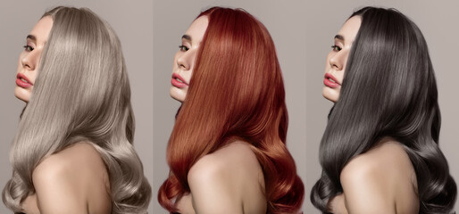 Portrait collage of women with different color hair. fashion coloring bright tone