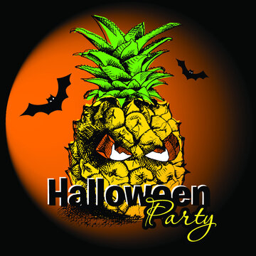Halloween poster with image of a spooky pineapple with eyes and bats. Vector illustration.