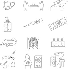 Virus / Coronovirus prevention line icon set. Medical mask, disinfectant, x-ray, blood test, smear test, social distance, doctor's call, medication