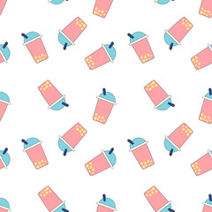 Seamless pattern Bubble Tea with different fruits and berries. Milk Cocktails in plastic cup, tubule. Different sorts of Bubble Tea Cocktails. pastel colors isolated on white background. Vector