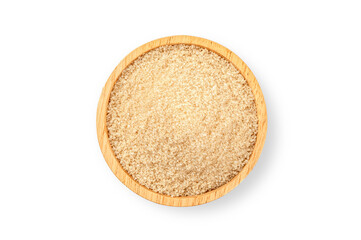 Brown sugar in wooden bowl isolated on white background. Top view
