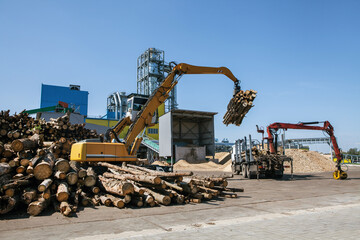 a loader loads logs at a wood processing factory
