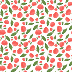 Red flowers seamless pattern isolated on white background. Botanical cute illustration
in red and green colors. Floral pattern for fabric, packaging, invitations, business cards, cards, fabric.