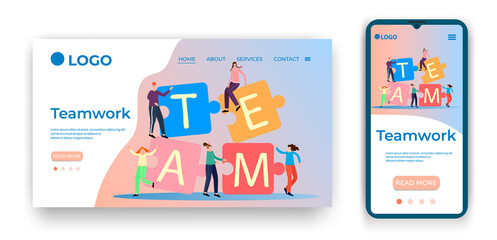 Fototapeta na wymiar Teamwork.Template for the user interface of the website's home page.Landing page template.The adaptive design of the smartphone.vector illustration.