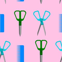 Seamless background, scissors and comb. Vector illustration flat design.