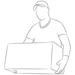 Vector illustration flat design. Man with a box in his hands, home delivery, doodle.