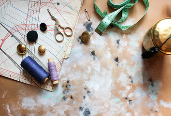 sewing lessons. dressmaker's table. clothes designer. Flet lay concept. © V. Levkina