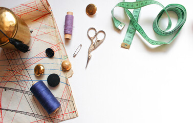 sewing lessons. dressmaker's table. clothes designer. Flet lay concept. © V. Levkina