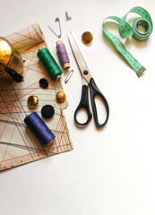 sewing lessons. dressmaker's table. clothes designer. Flet lay concept. © V. Levkina