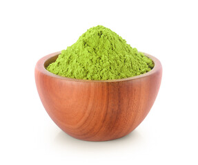 powdered matcha green tea in bowl, isolated on white background
